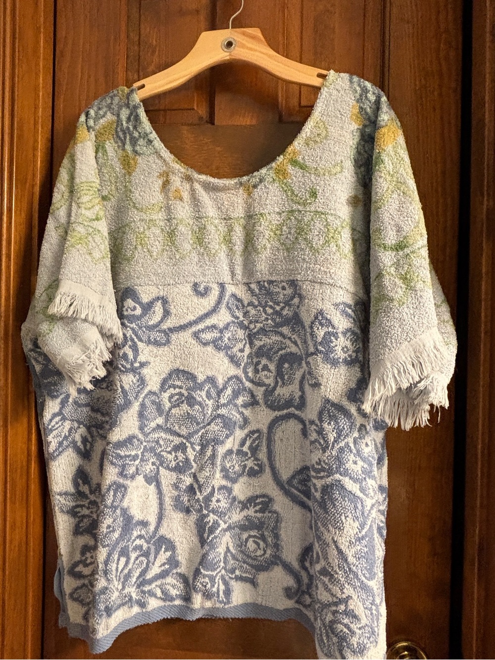 Womens Blue Floral Fringe upcycled vintage towel top/ beach cover up